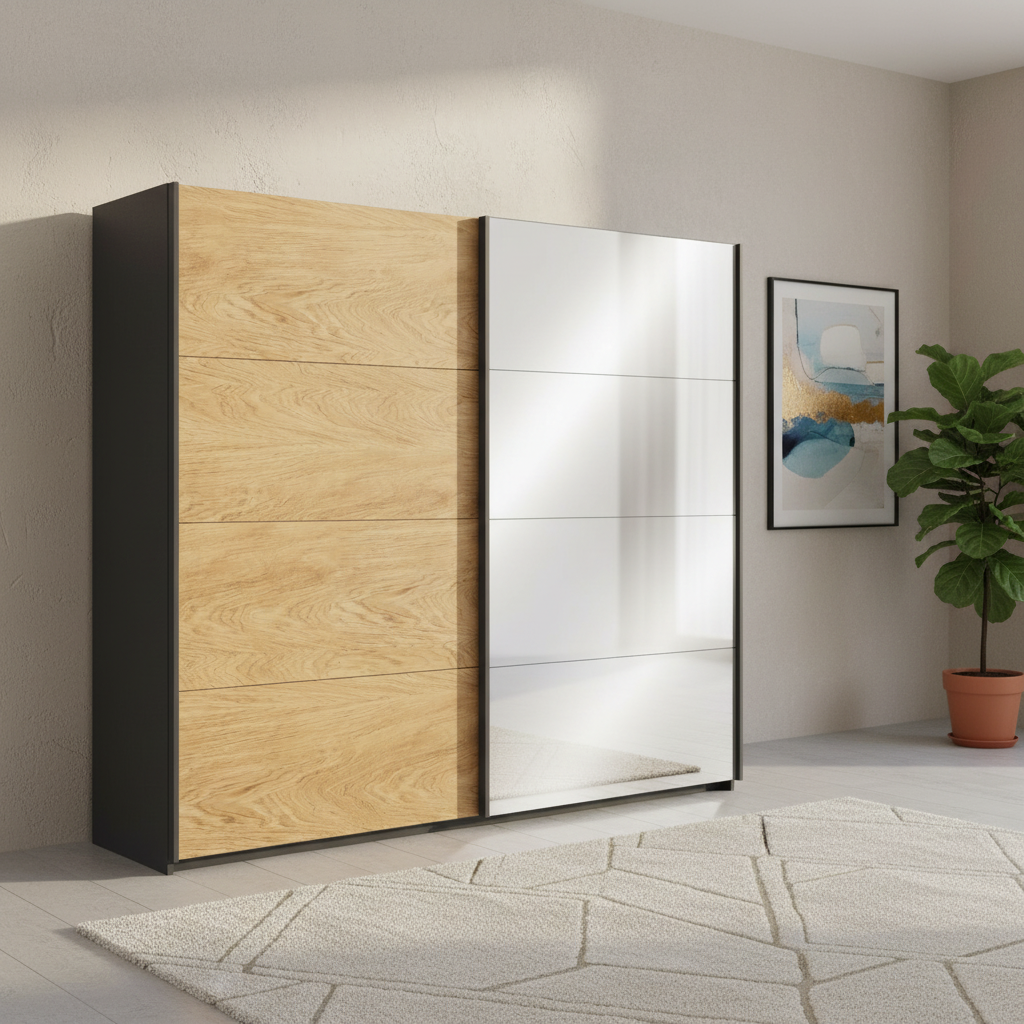 German-made Rauch Malva sliding wardrobe with one real oak veneer door and one full mirrored door and Metallic grey Carcase and Door Handles