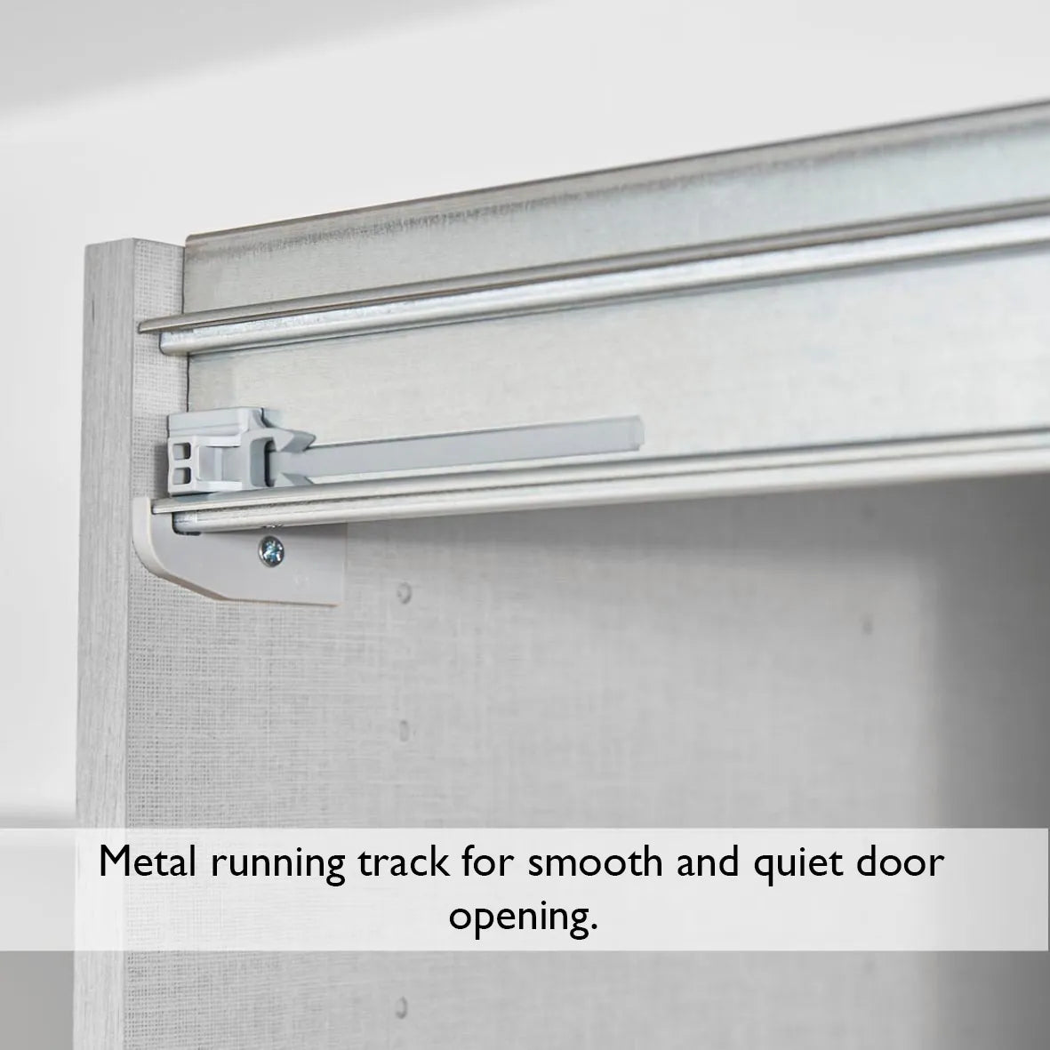 Metal running track for smooth and quiet door opening on a white background