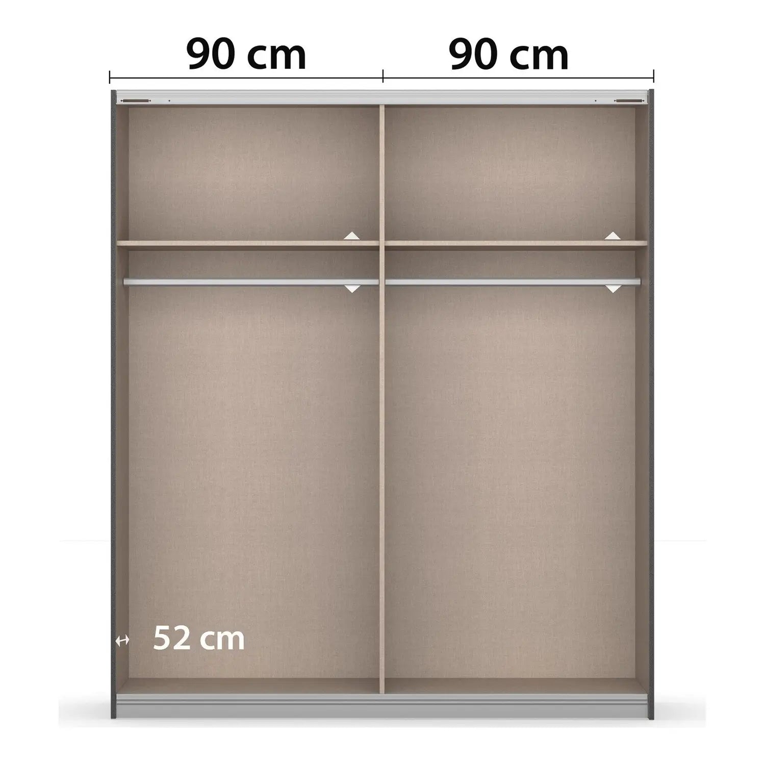 Memphis White Sliding Door Wardrobe with Mirror W181cm - Interior view with Dimensions