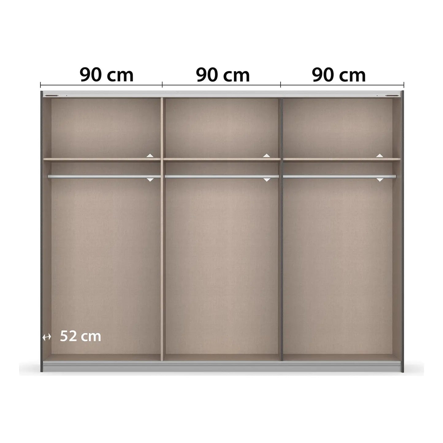 Measurement chart of a wardrobe with dimensions labeled on a white background