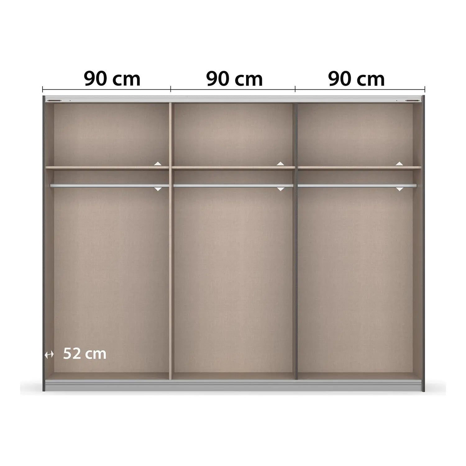 Measurement chart of a wardrobe with dimensions labeled on a white background