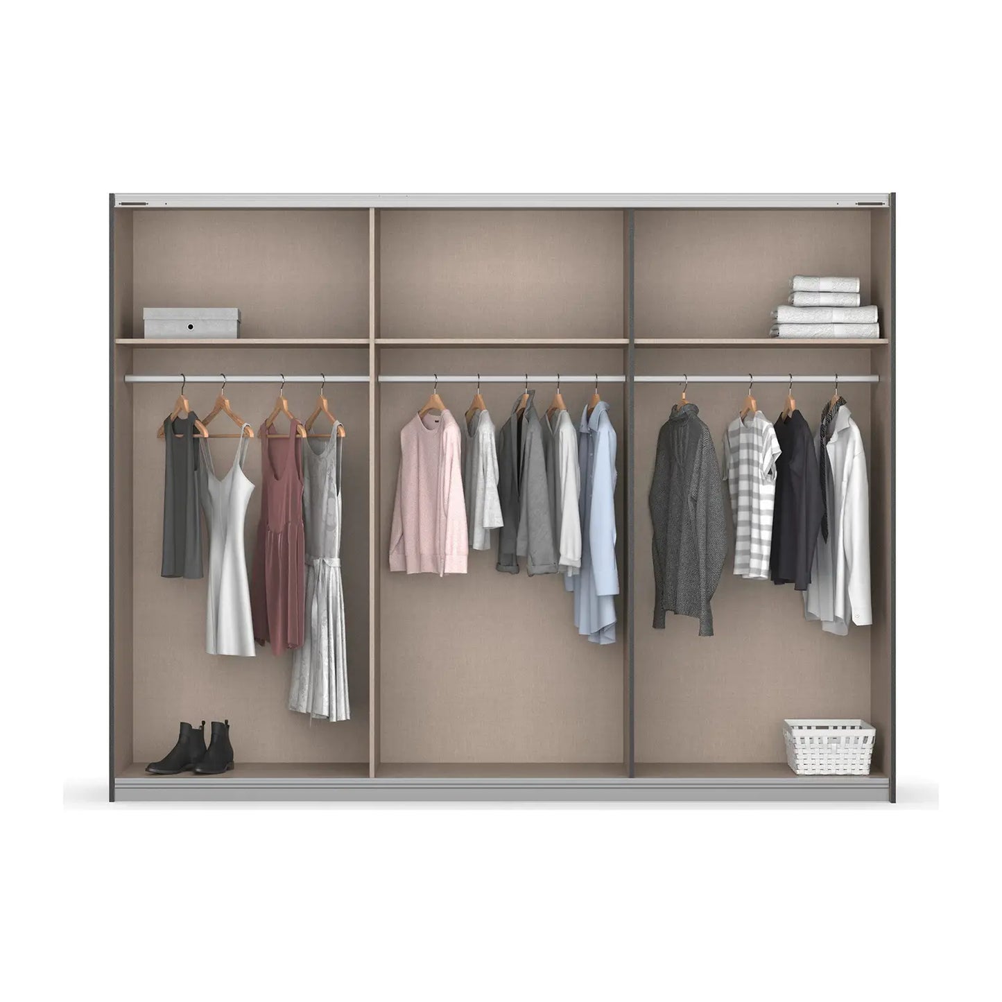 Closet with clothes hanging on racks and shelves on a white background