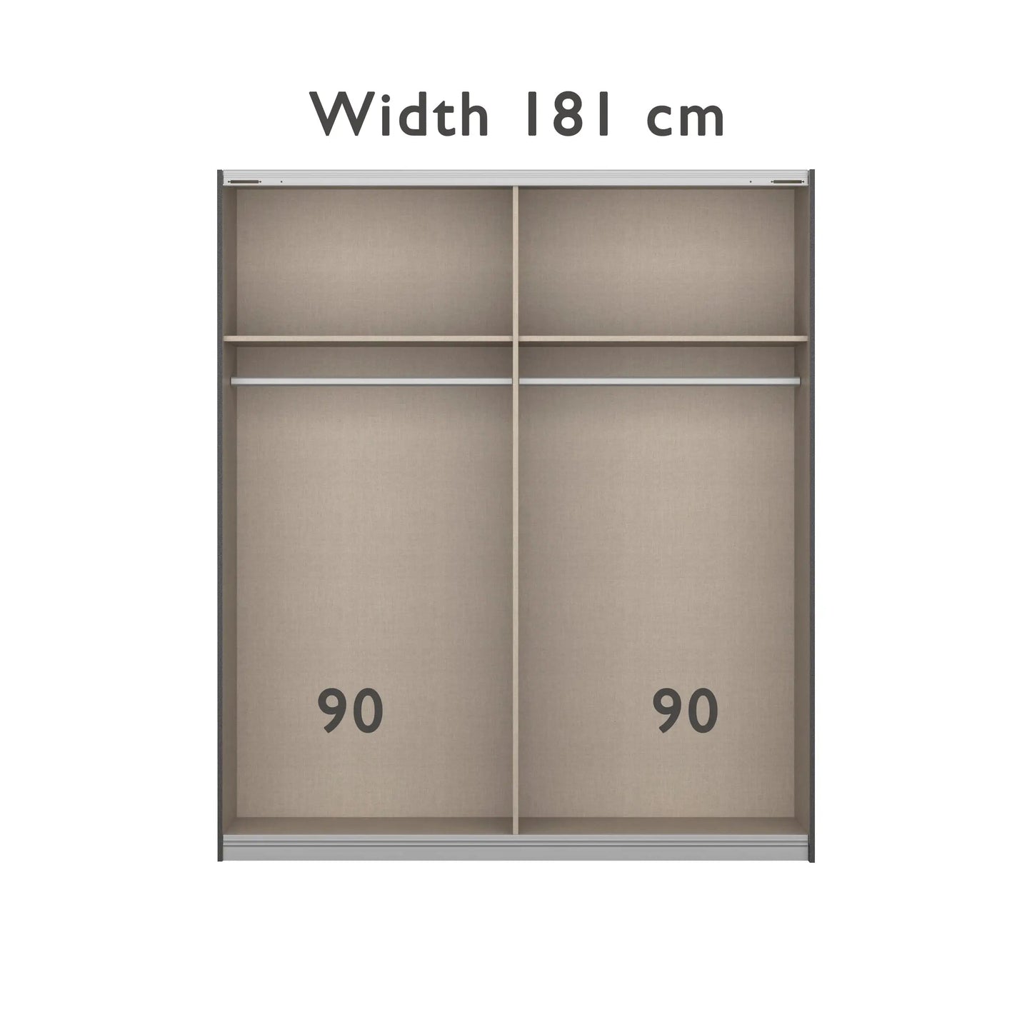 Mali 181cm Graphite & Mirror Sliding Door Wardrobe - Interior view with Dimensions