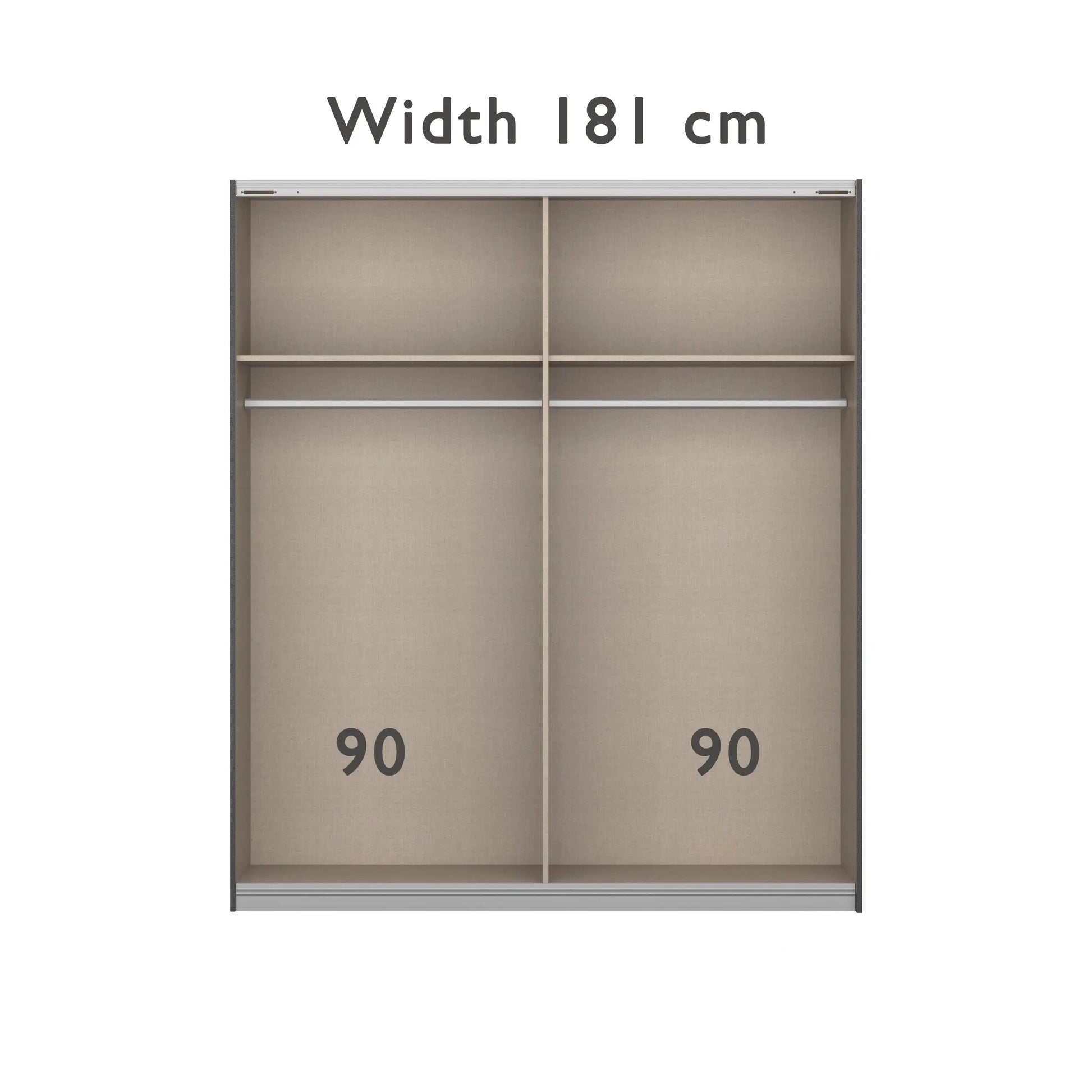 Mali 181cm Graphite & Mirror Sliding Door Wardrobe - Interior view with Dimensions