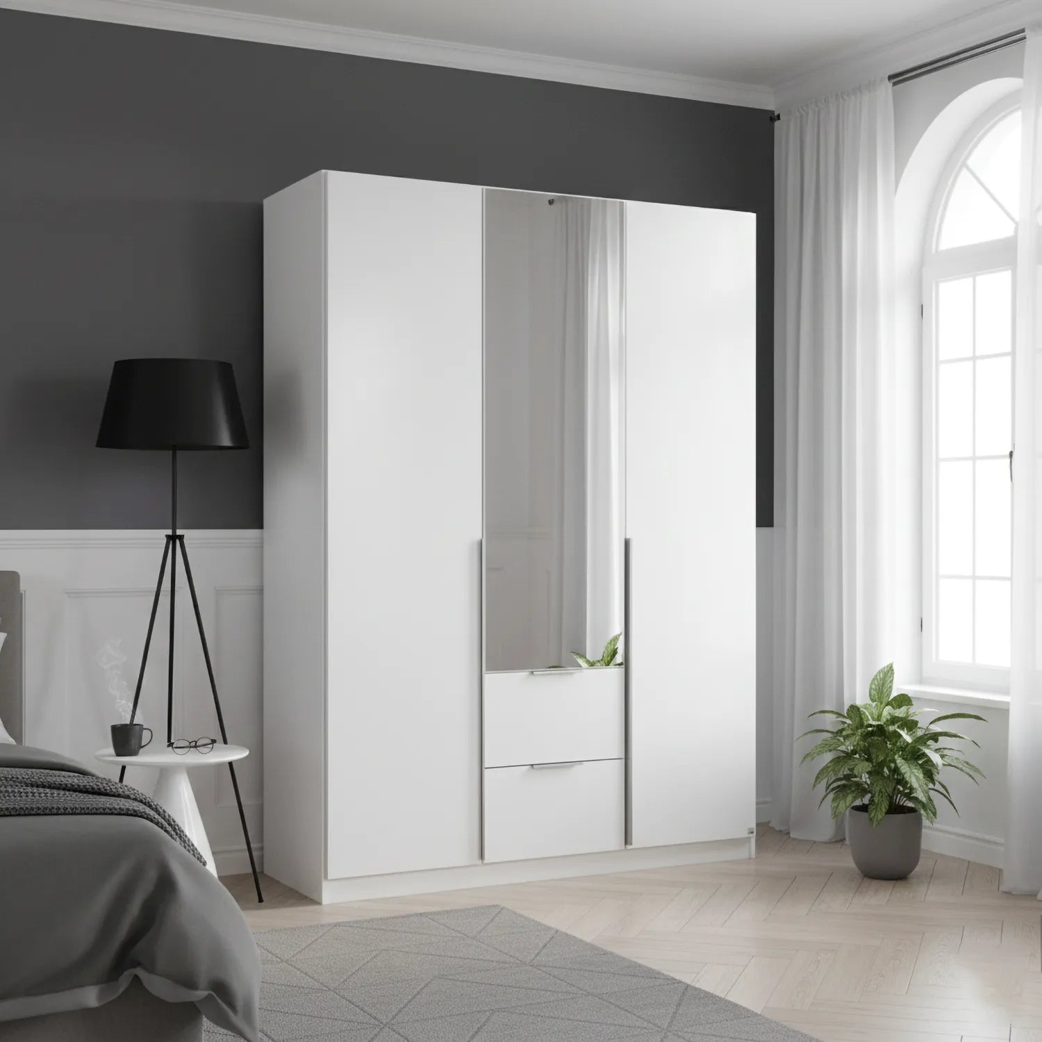 Rauch Maverick 3 Door 2 Drawers White Hinged Wardrobe with Mirror