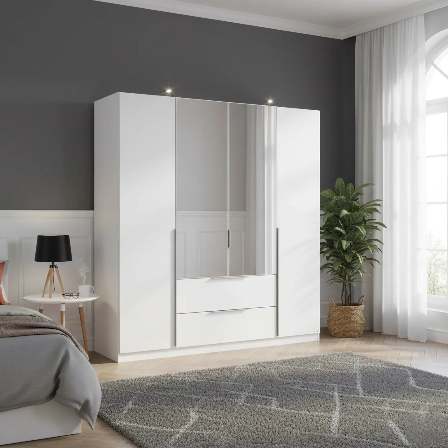 Rauch Maverick 4 Door 2 Drawers White Hinged Wardrobe with Mirror