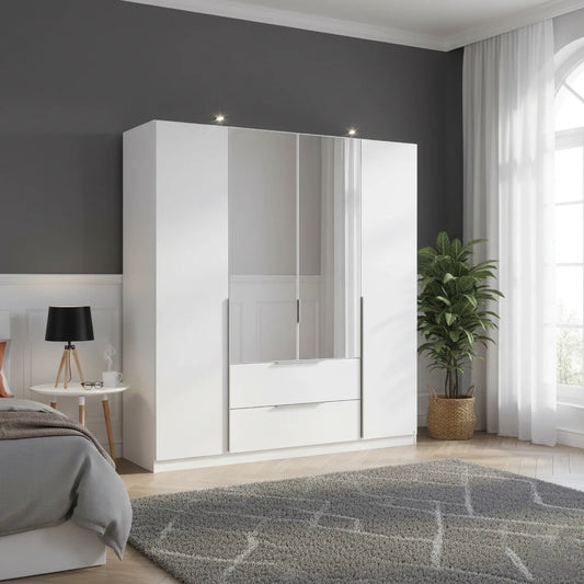 Rauch Maverick 4 Door 2 Drawers White Hinged Wardrobe with Mirror