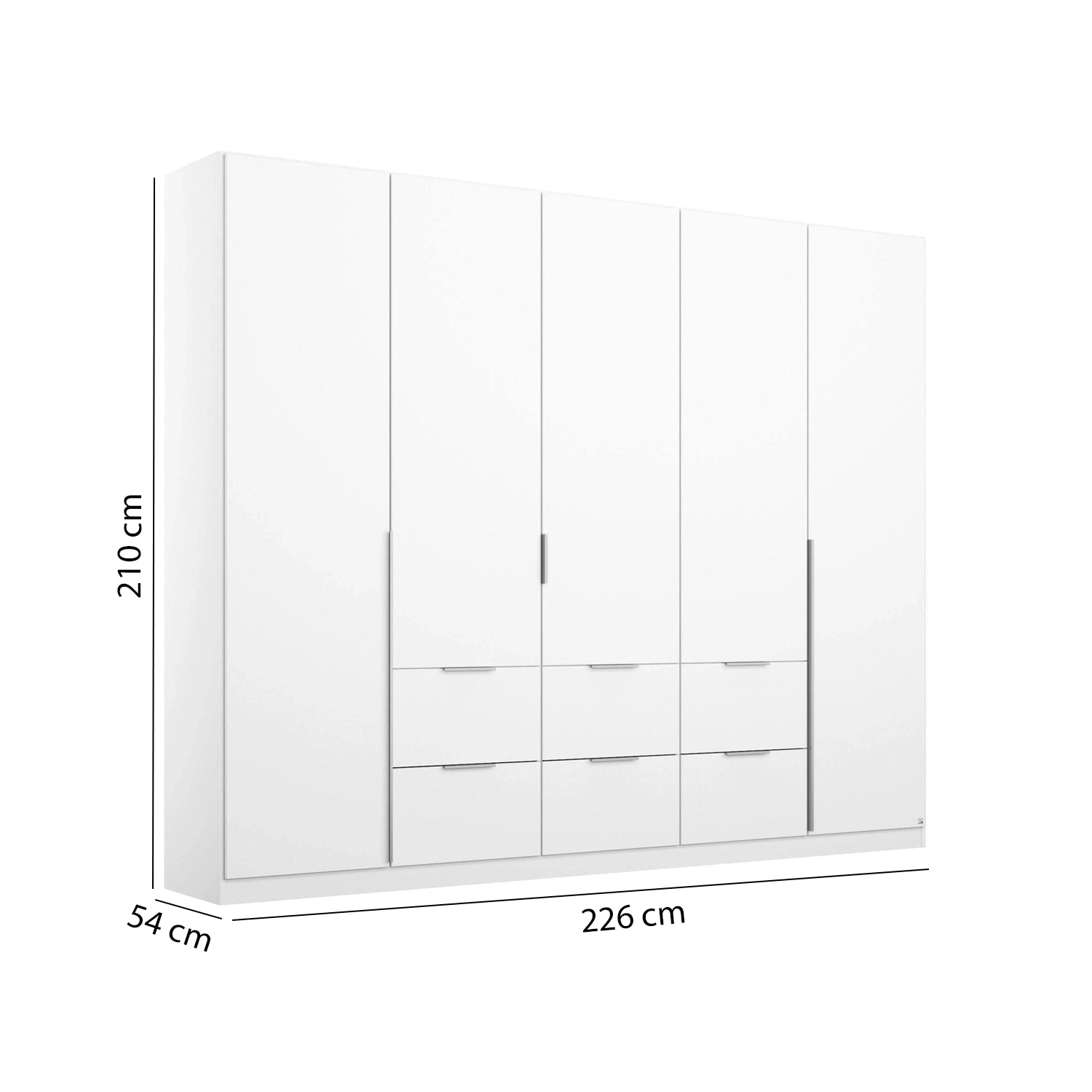 Rauch Maverick 5 Door 6 Drawers White High Gloss Hinged Wardrobe 226cm - Dimensions