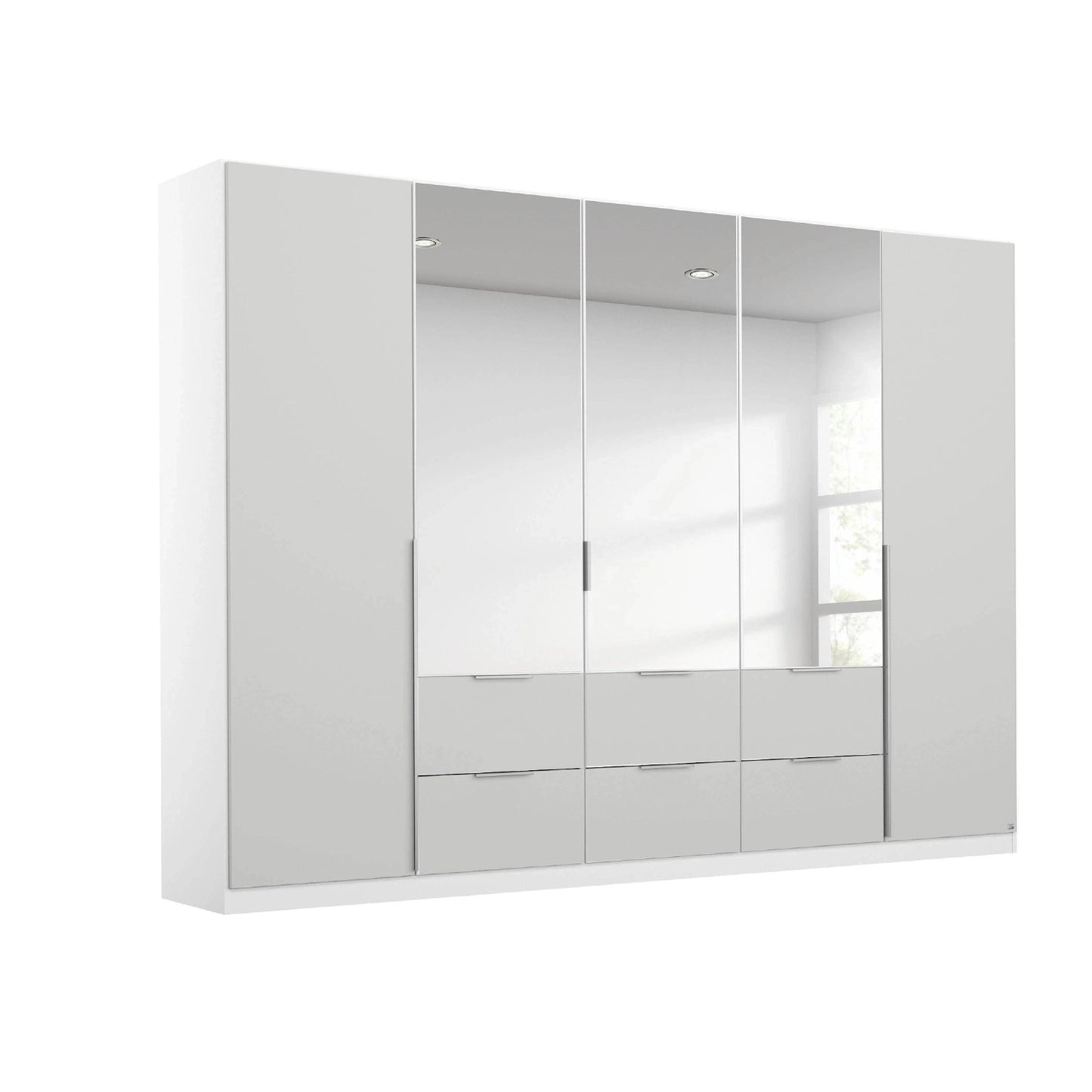 Rauch Maverick 5 Door 6 Drawers Silk Grey Hinged Wardrobe 226cm With Mirror
