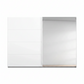 A modern Rauch Large 271cm sliding door wardrobe, The left side of the door is  white with three horizontal recessed lines, while the right side features a large, reflective silver mirror 