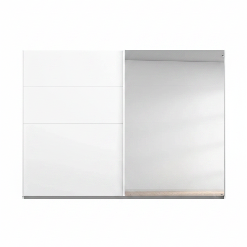 A modern Rauch Large 271cm sliding door wardrobe, The left side of the door is  white with three horizontal recessed lines, while the right side features a large, reflective silver mirror 