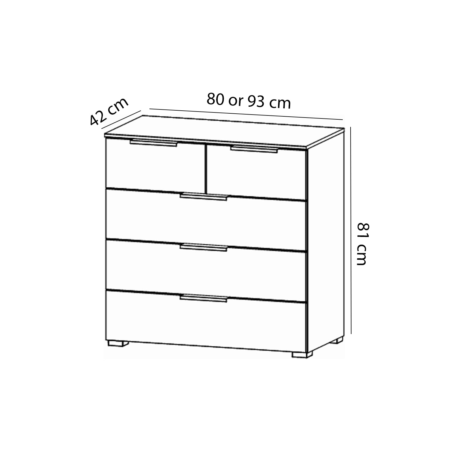 Rauch Maverick White High Gloss Chest of 5 Drawers - 80cm - Dimensions