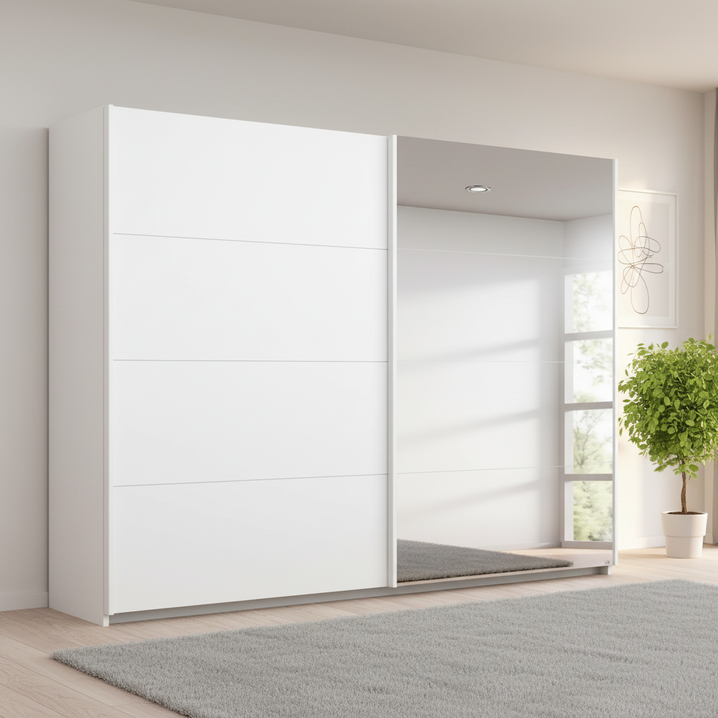 A modern Rauch Memphis Maverick white sliding wardrobe with a large mirrored door, shown in a bright, minimalist room with light wood floors, a gray rug, and a potted plant.
