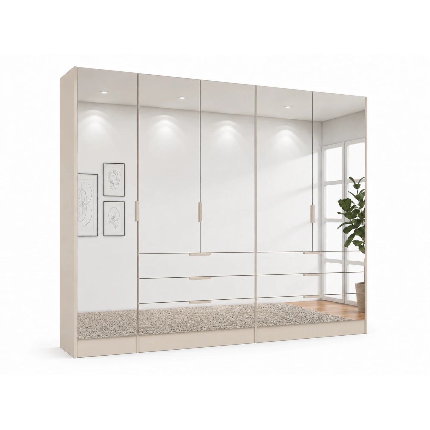 German-made Rauch Miramar Crystal wardrobe with a full mirror front across five doors and six drawers. 251cm wide, four carcase colours. Free delivery.
