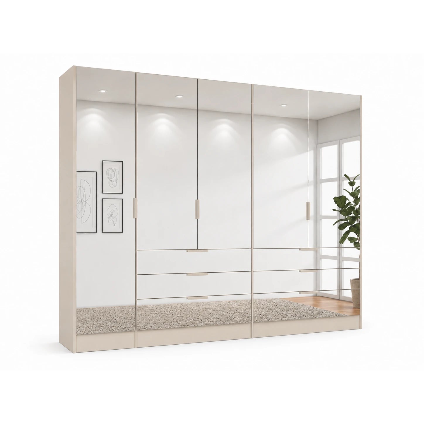 German-made Rauch Miramar Crystal wardrobe with a full mirror front across five doors and six drawers. 251cm wide, four carcase colours. Free delivery.
