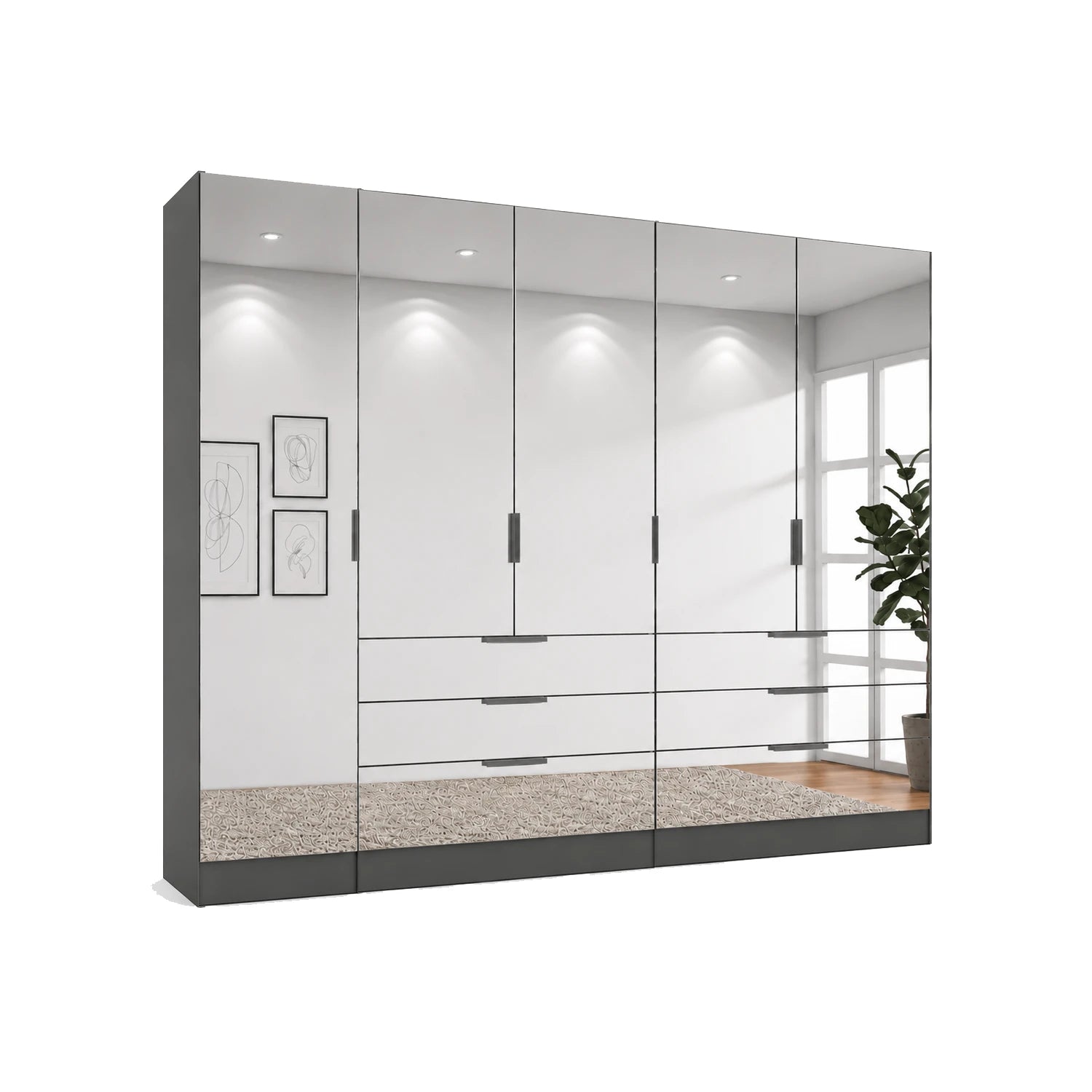 Rauch Miramar Crystal five door wardrobe with a full mirror front across all doors and six drawers
