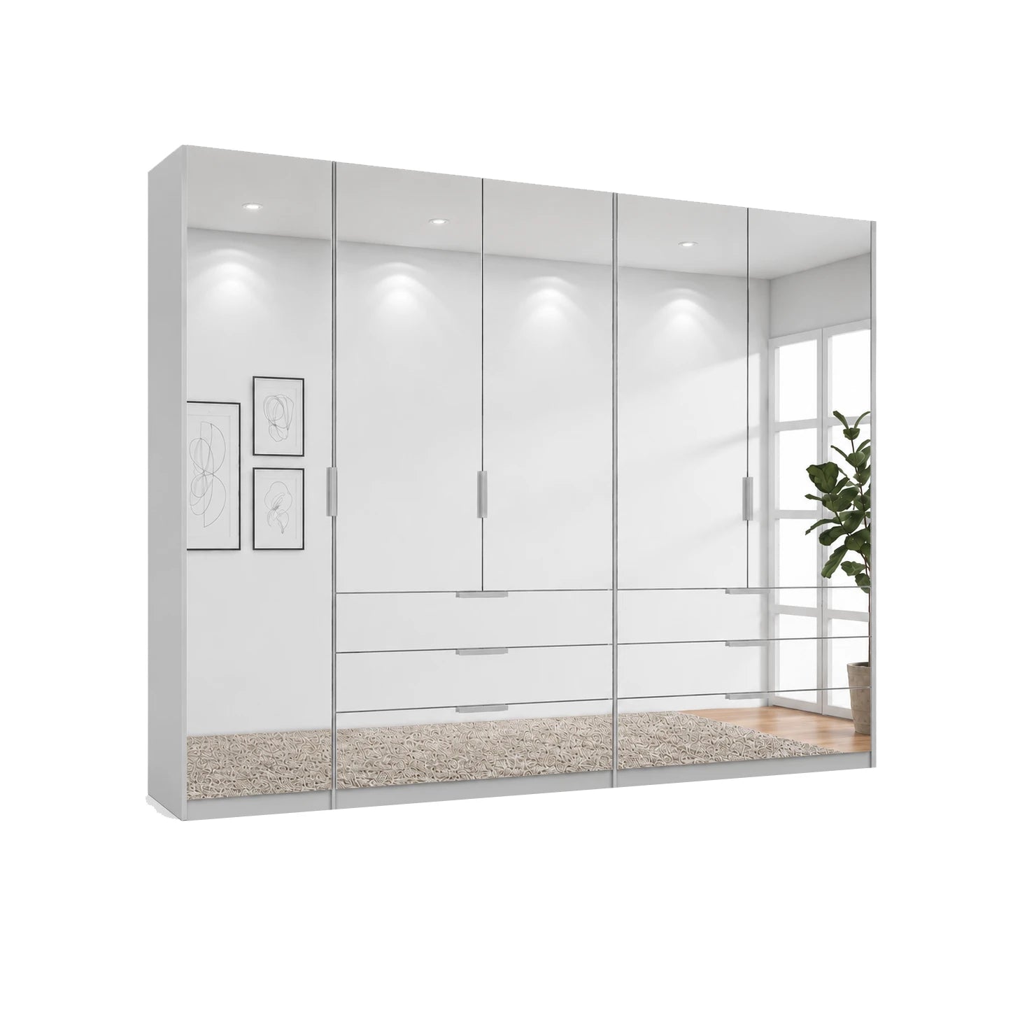Miramar Crystal mirrored wardrobe showing the two banks of three mirror-fronted drawers
