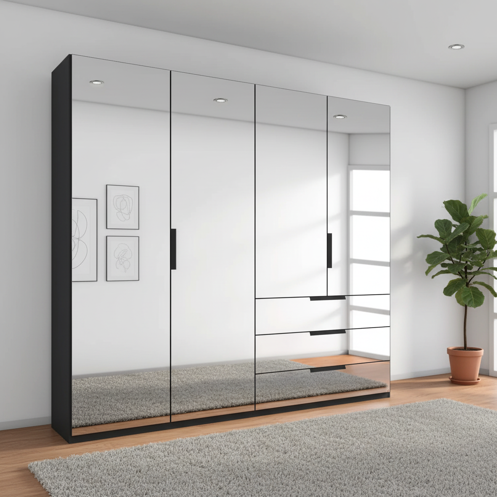 Rauch Miramar Crystal 4 Door Full Mirror Wardrobe with Drawers Carcase Colour Graphite
