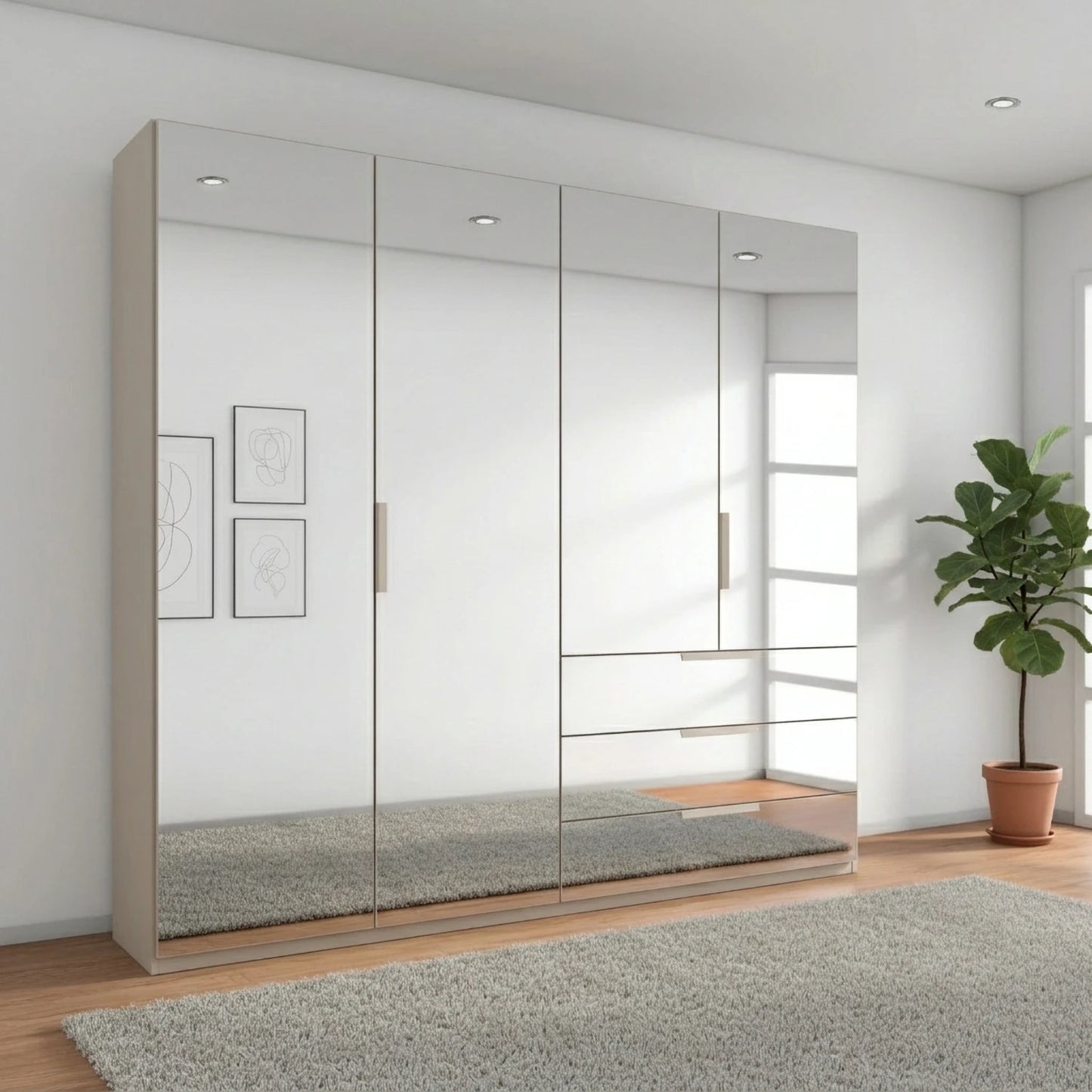 German-made Rauch Miramar Crystal wardrobe with a full mirror front across all doors and drawers. 201cm wide, four carcase colours. Free delivery.
