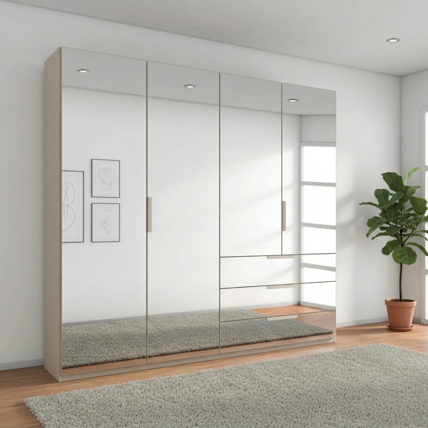 German-made Rauch Miramar Crystal wardrobe with a full mirror front across all doors and drawers. 201cm wide, four carcase colours. Free delivery.
