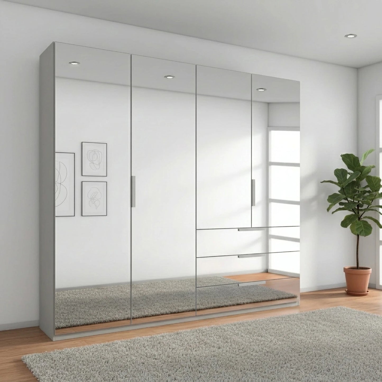 Rauch Miramar Crystal four door wardrobe with a full mirror front across all doors and drawers

