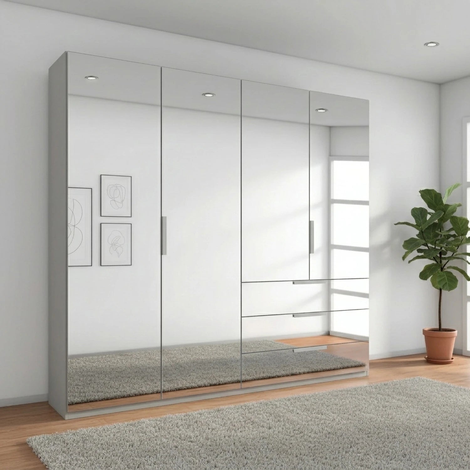 Rauch Miramar Crystal four door wardrobe with a full mirror front across all doors and drawers
