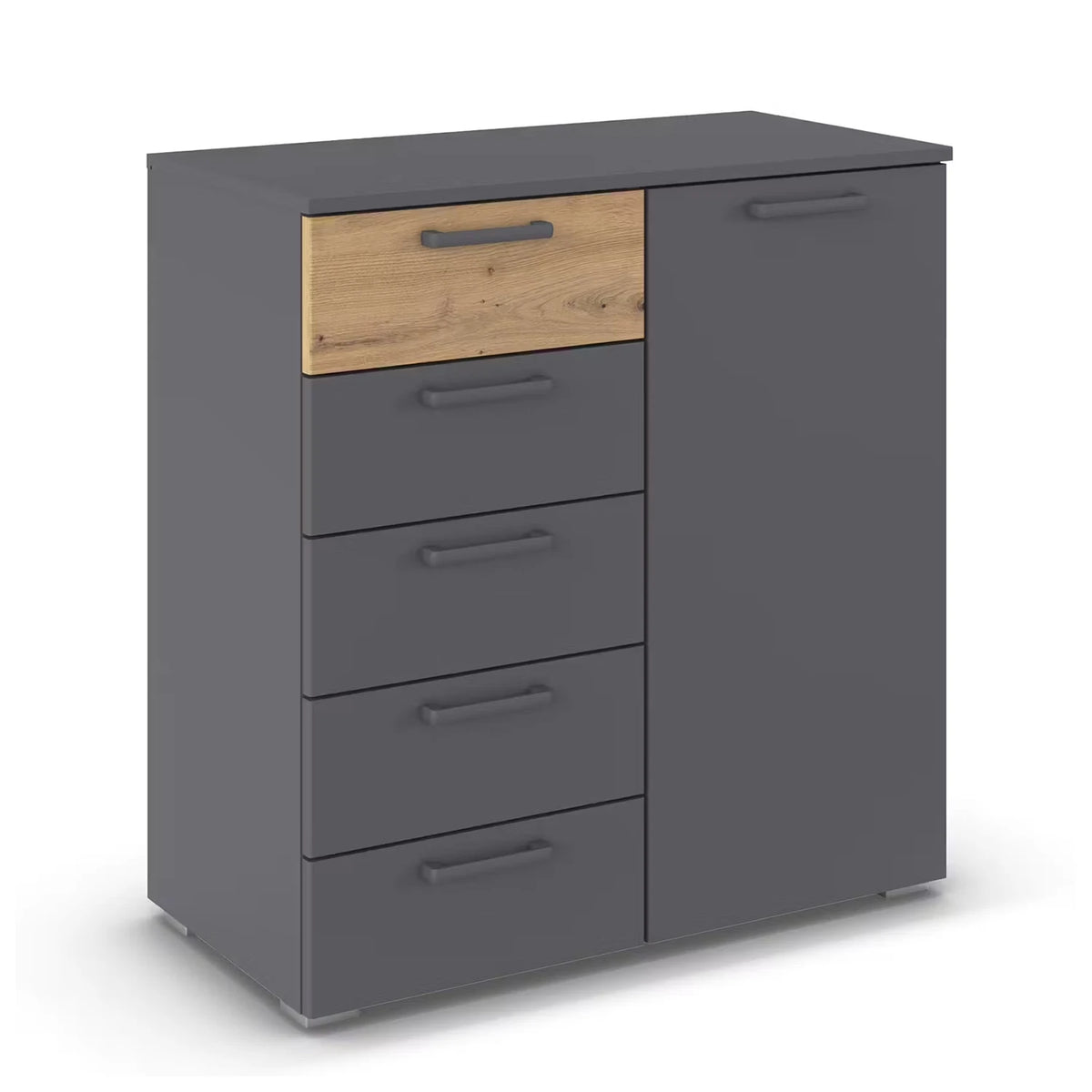Rauch Miro 1 Door 5 Drawers Bedside Table in Metallic Grey & Artisan Oak