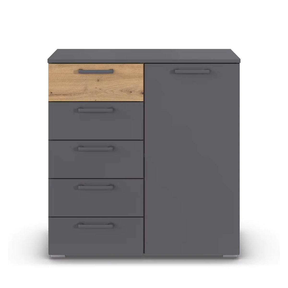 Rauch Miro 1 Door 5 Drawers Bedside Table in Metallic Grey & Artisan Oak front view