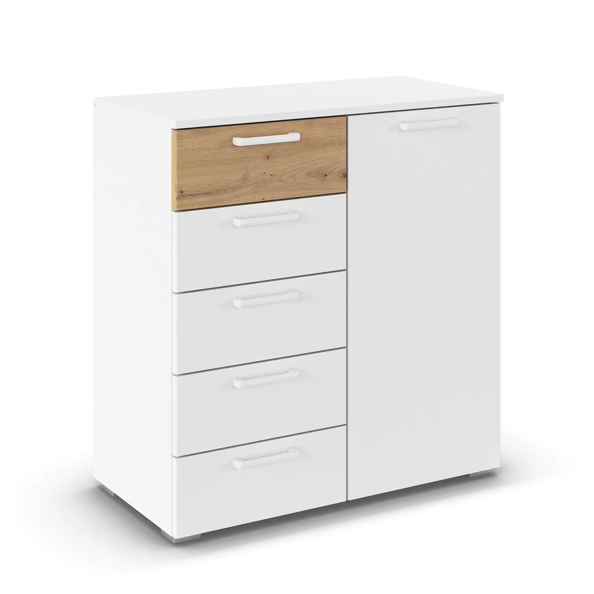 Rauch Miro 1 Door 5 Drawers Bedside Table in Alpine White & Artisan Oak