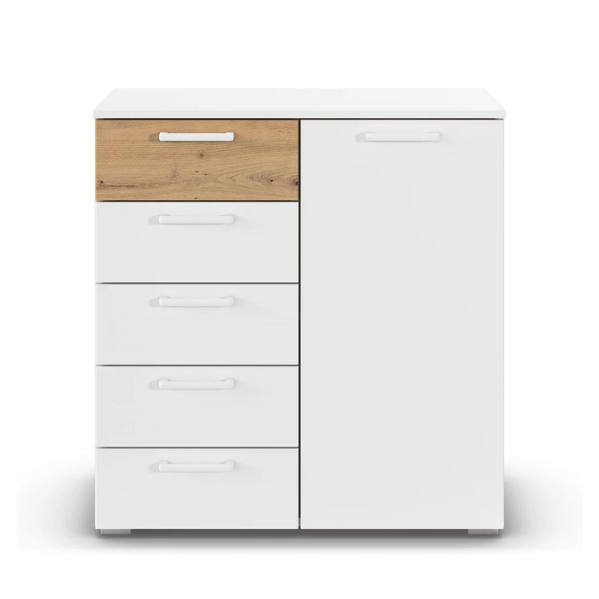 Rauch Miro 1 Door 5 Drawers Bedside Table in Alpine White & Artisan Oak front view