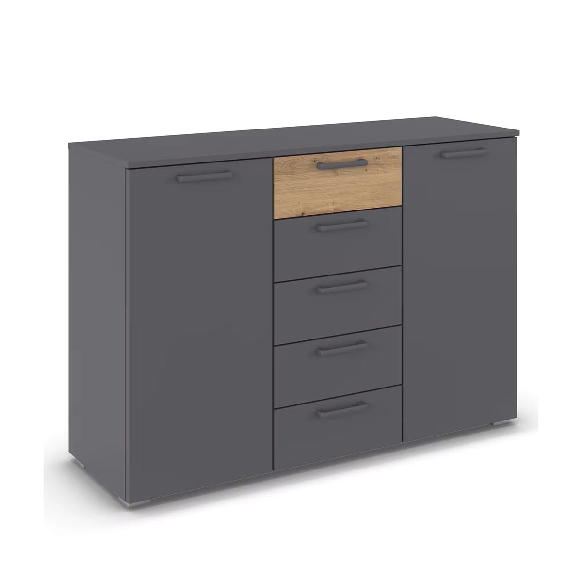 Rauch Miro 2 Door 5 Drawers Bedside Table in Metallic Grey & Artisan Oak 