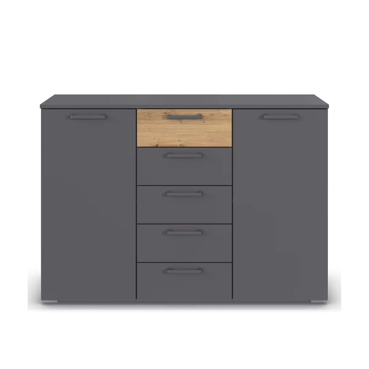 Rauch Miro 2 Door 5 Drawers Bedside Table in Metallic Grey & Artisan Oak front view