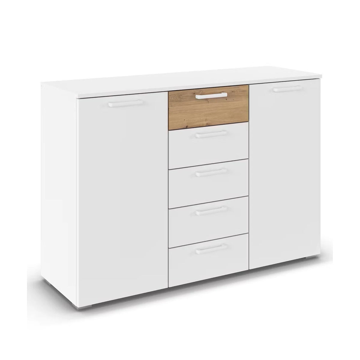 Rauch Miro 2 Door 5 Drawers Bedside Table in Alpine White & Artisan Oak