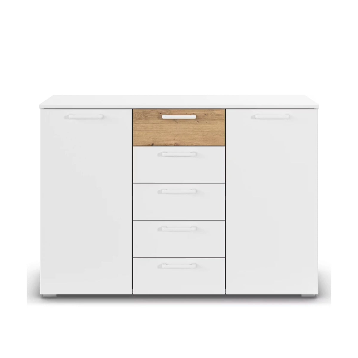 Rauch Miro 2 Door 5 Drawers Bedside Table in Alpine White & Artisan Oak front view