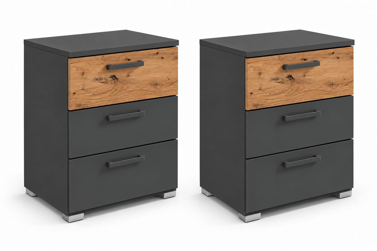 Rauch Miro 3 Drawer Bedside Table Pair in Metallic Grey & Artisan Oak