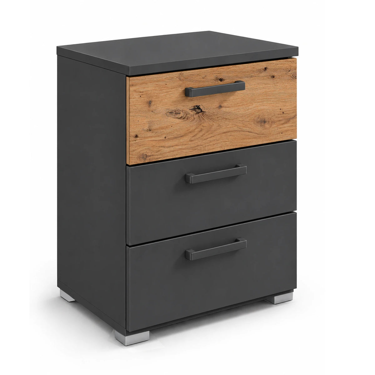Rauch Miro 3 Drawer Bedside Table in Metallic Grey & Artisan Oak styled in a modern bedroom