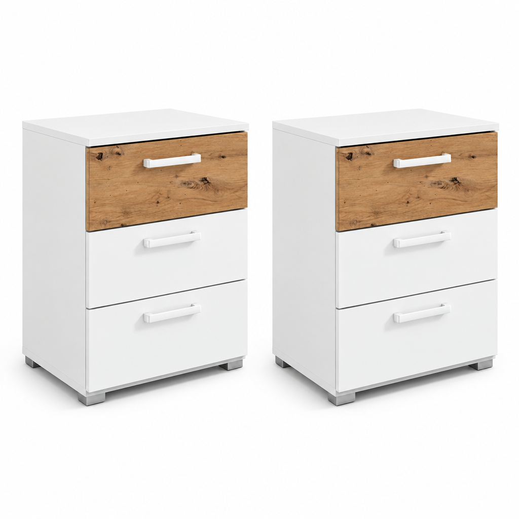Rauch Miro 3 Drawer Bedside Table Pair in Alpine White & Artisan Oak