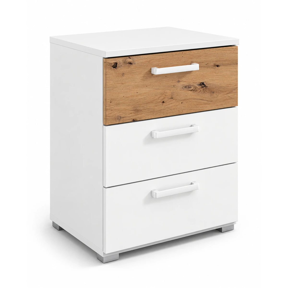 Rauch Miro 3 Drawer Bedside Table in Alpine White & Artisan Oak styled in a modern bedroom