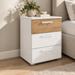 Rauch Miro 3 Drawer Bedside Table in Alpine White & Artisan Oak styled in a modern bedroom