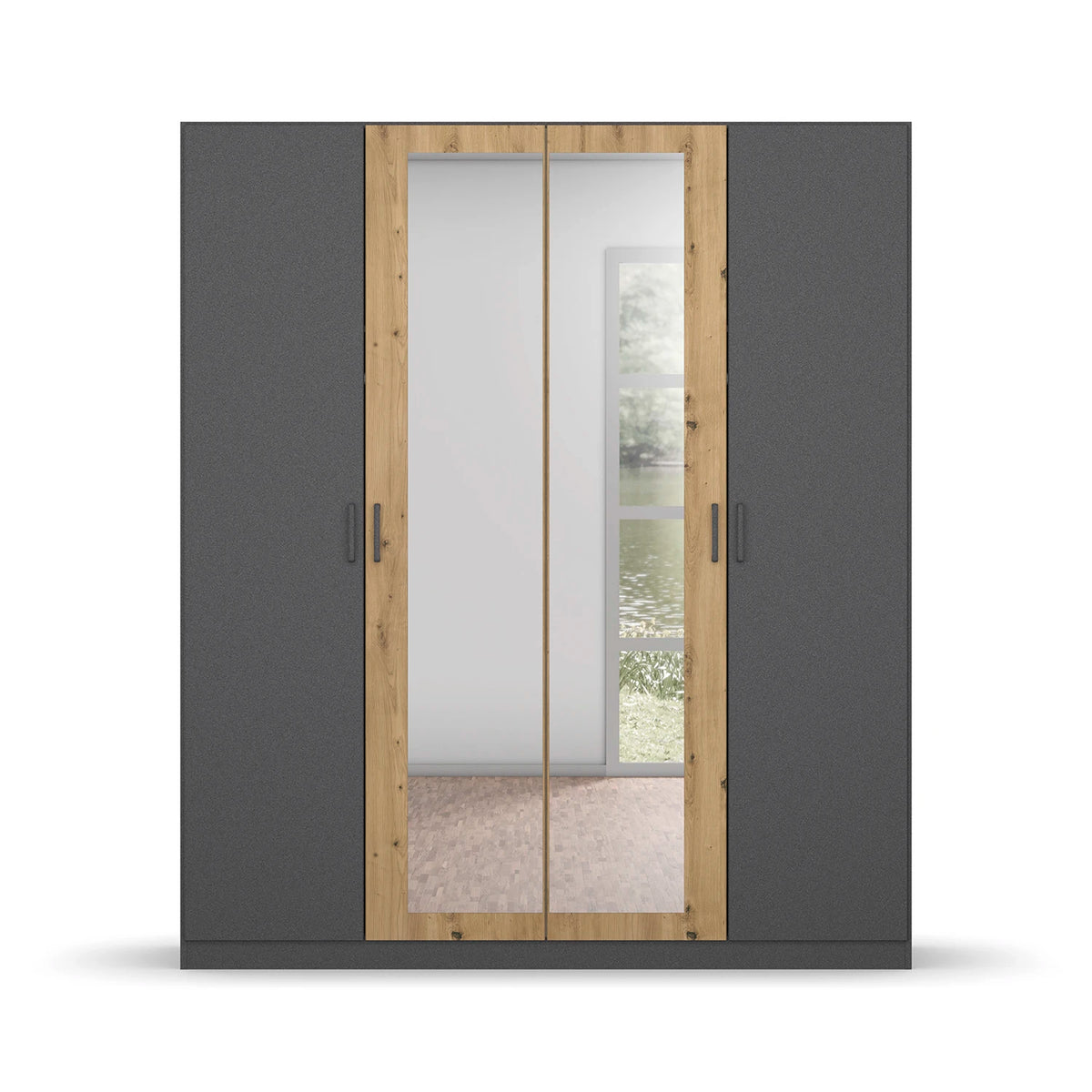 Rauch Miro 4 Door Hinged Wardrobe With Mirror in Metallic Grey front view