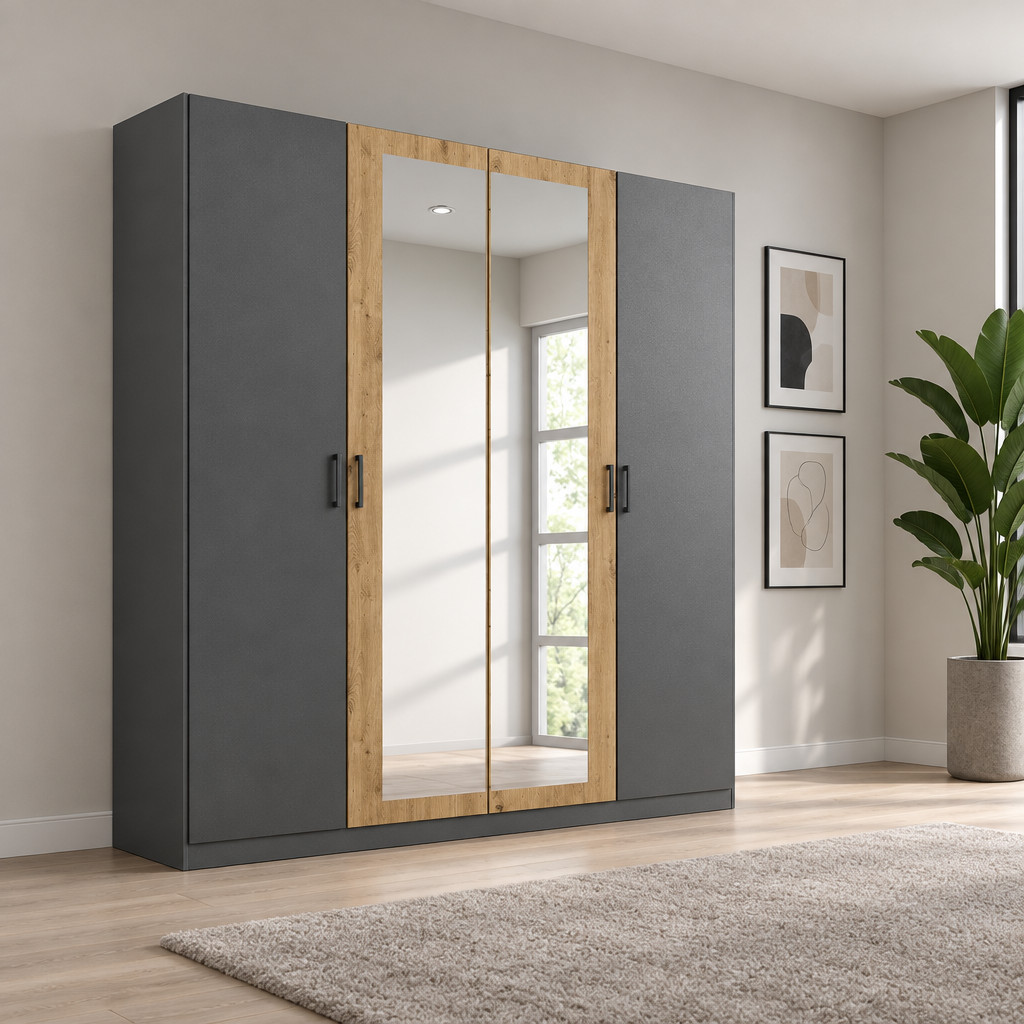 Rauch Miro 4 Door Hinged Wardrobe With Mirror in Metallic Grey styled in a modern bedroom