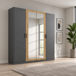 Rauch Miro 4 Door Hinged Wardrobe With Mirror in Metallic Grey styled in a modern bedroom