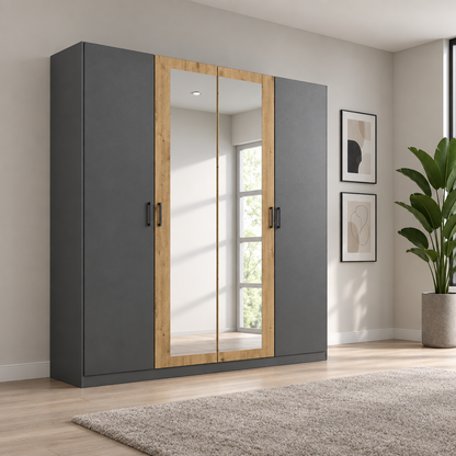 Rauch Miro 4 Door Hinged Wardrobe With Mirror in Metallic Grey styled in a modern bedroom