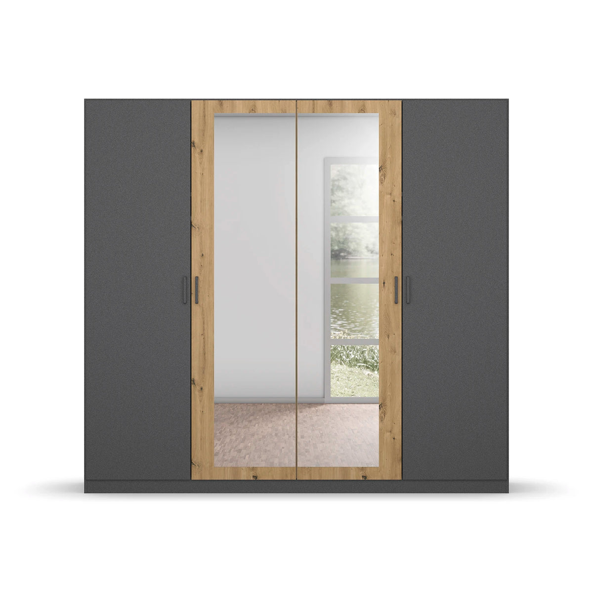 Rauch Miro 4 Door Hinged Wardrobe With Mirror in Metallic Grey front view