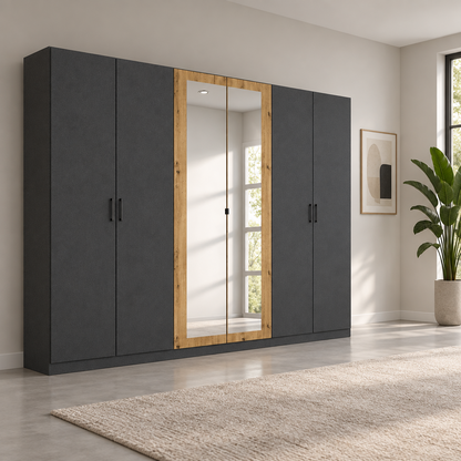 Rauch Miro 6 Door Hinged Wardrobe 271cm With Mirror in Metallic Grey styled in a modern bedroom