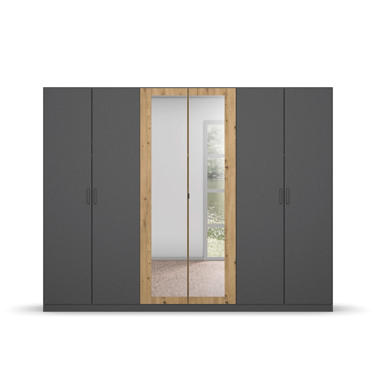 Rauch Miro 6 Door Hinged Wardrobe 271cm With Mirror in Metallic Grey front view
