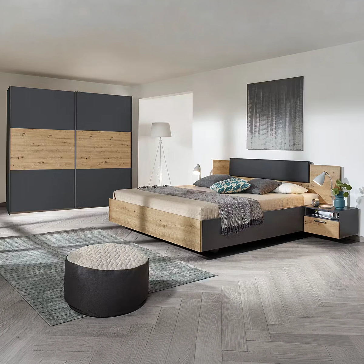 Rauch Miro 2 Door Sliding Wardrobe in Metallic Grey & Artisan Oak with matching bedroom furniture