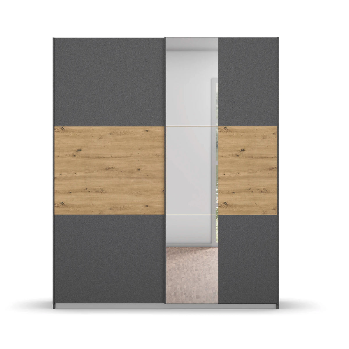 Rauch Miro 2 Door Sliding Wardrobe With Mirror in Metallic Grey & Artisan Oak front view