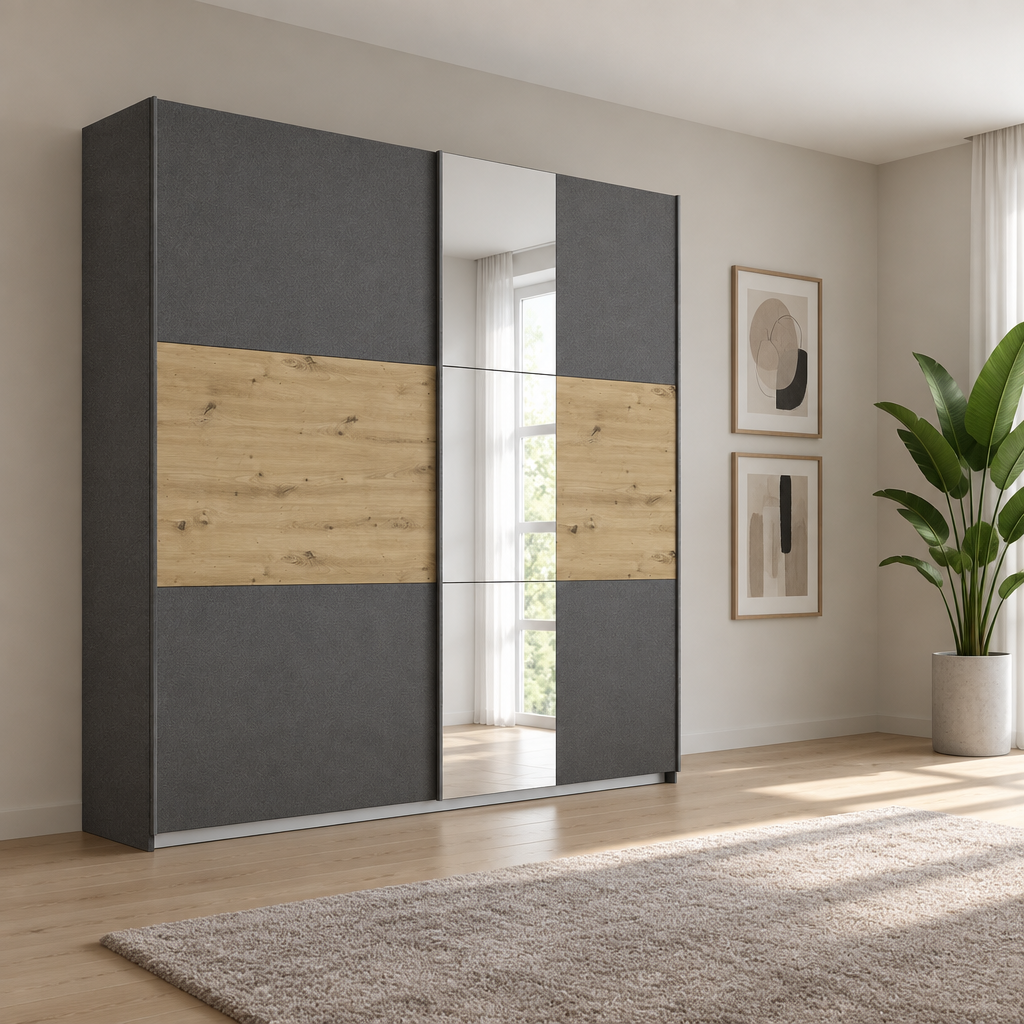 Rauch Miro 2 Door Sliding Wardrobe With Mirror in Metallic Grey & Artisan Oak styled in a modern bedroom