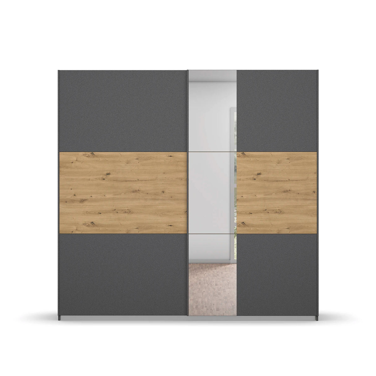 Rauch Miro 2 Door Sliding Wardrobe With Mirror in Metallic Grey & Artisan Oak front view